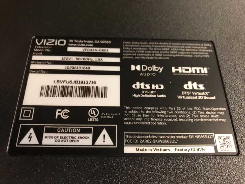 Photo 1 of **MAJOR DAMAGE, SOLD FOR PARTS** VIZIO 43 Inch FHD Smart TV Full Array LED, HDR10, Bluetooth Compatible, Works with AirPlay 2 and Chromecast Built-in, DTS Virtual X and HDMI VRR (VFD43M-0804) (Renewed)