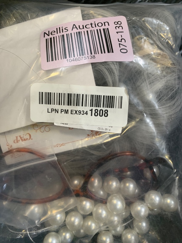 Photo 1 of ColorGround Old Lady Silver Gray Cosplay Wig with Bun Pearl Necklace and Glasses