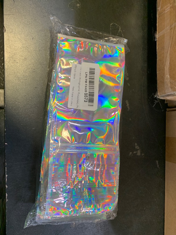 Photo 1 of 100 Pack Holographic Resealable Plastic Bags for Food Storage, Zipper Bags with Clear Front Window, Packaging Pouch for Small Business (100 Pack, 4x7.2 inch)