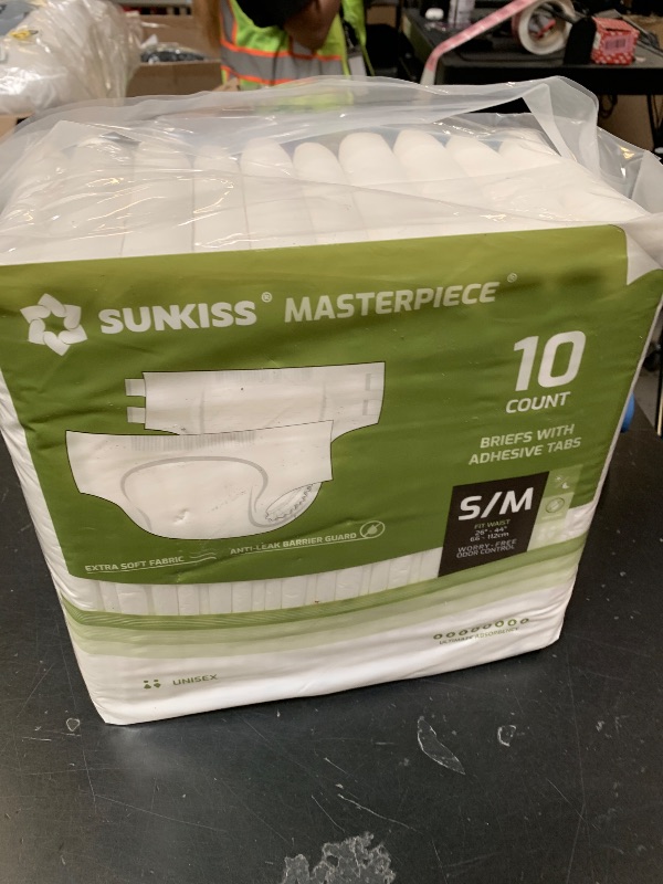 Photo 1 of SUNKISS Masterpiece Adult Diapers with Tabs, Unisex Disposable Incontinence Briefs for Women and Men, Odor Control, White, Small/Medium, Previously Medium, 10 Count