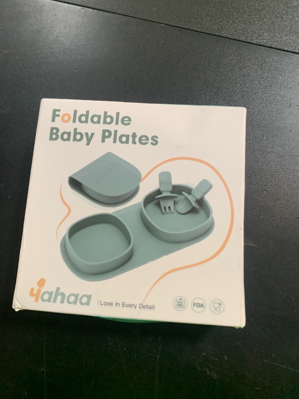Photo 1 of yahaa Toddler Plates Travel Essential on the go,Baby Plates with Forks and Spoons Self Feeding 6 months,Foldable,Silicone,BPA Free,Sage