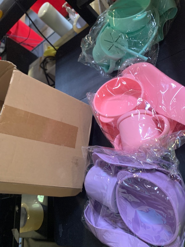 Photo 1 of 24 Pack Silicone Baby Feeding Set Baby LED Weaning Supplies Includes Suction Divided Plates Soft Bowl Spoons Forks Adjustable Bib Snack Cup and Straws(Pink, Purple, Mint Green)