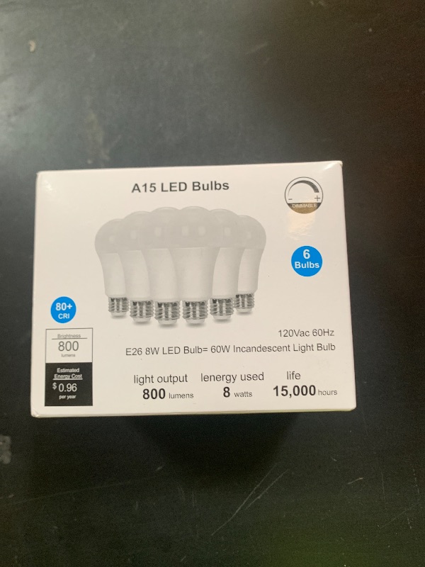Photo 1 of 6 Pack A15 Light Bulb Dimmable 60W Equivalent, 8W LED Waterproof Refrigerator Bulbs,5000K Daylight, 800 LM, E26 Medium Base,for Indoor and Outdoor, Ceiling Fan, Wall sconces,Appliance Bulb
