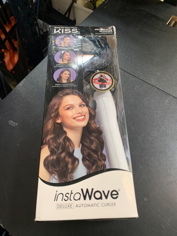 Photo 1 of KISS Instawave Deluxe Automatic Rotating Curling Iron, Ceramic Ionic Technology, Tangle Prevention, 2-Way Rotation, Dual Heat Settings up to 420°F, 1” Curling Wand, 2-Year Warranty - Black & White