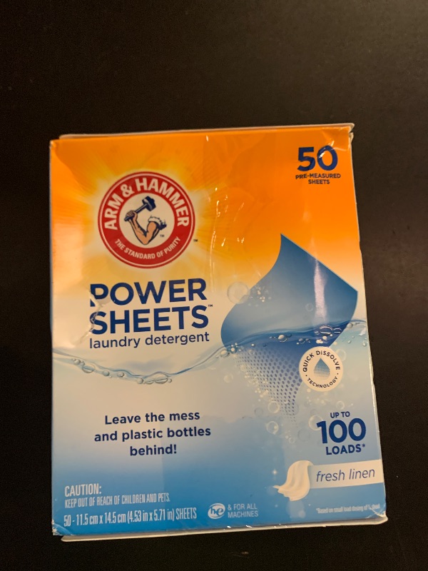 Photo 1 of Arm & Hammer Power Sheets Laundry Detergent, Fresh Linen 50ct, up to 100 Small Loads (Packaging may vary)