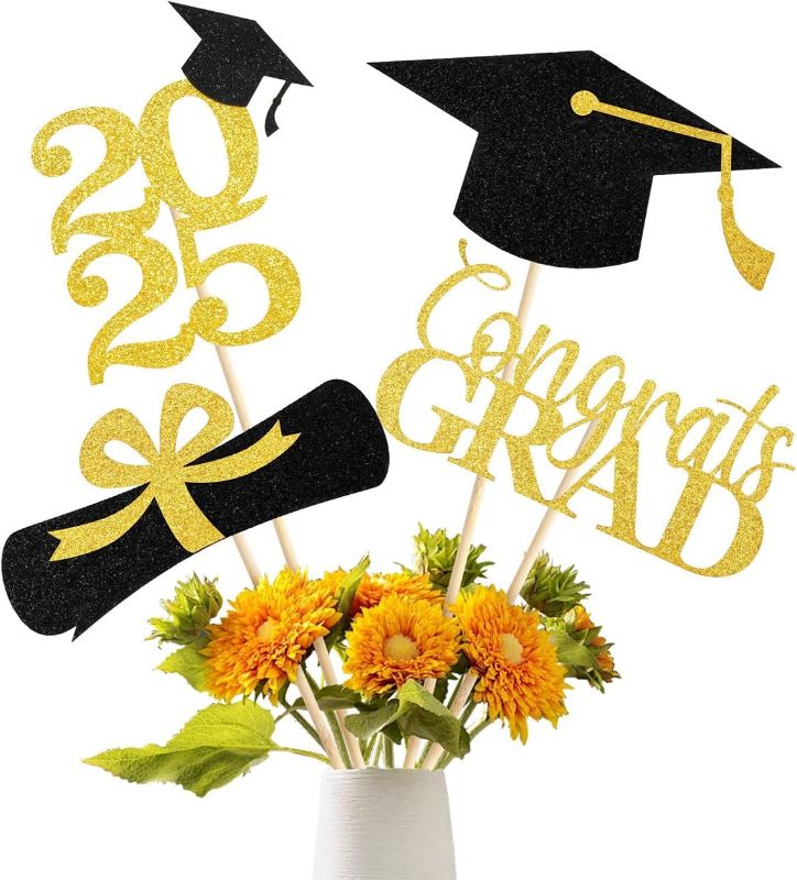Photo 1 of Graduation Decoration Class of 2025, Gold and Black Double Sided Sparkling Graduation Centerpieces Sticks for Table, 2025 Graduation Party
