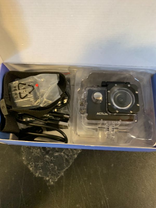 Photo 1 of Jadfezy Action Camera FHD 1080P 12MP, 98FT/30M Underwater Waterproof Camera with 2 Batteries, Wide Angle Sports Camera with Accessories Kit Suitable for Helmet, Bicycle, etc.