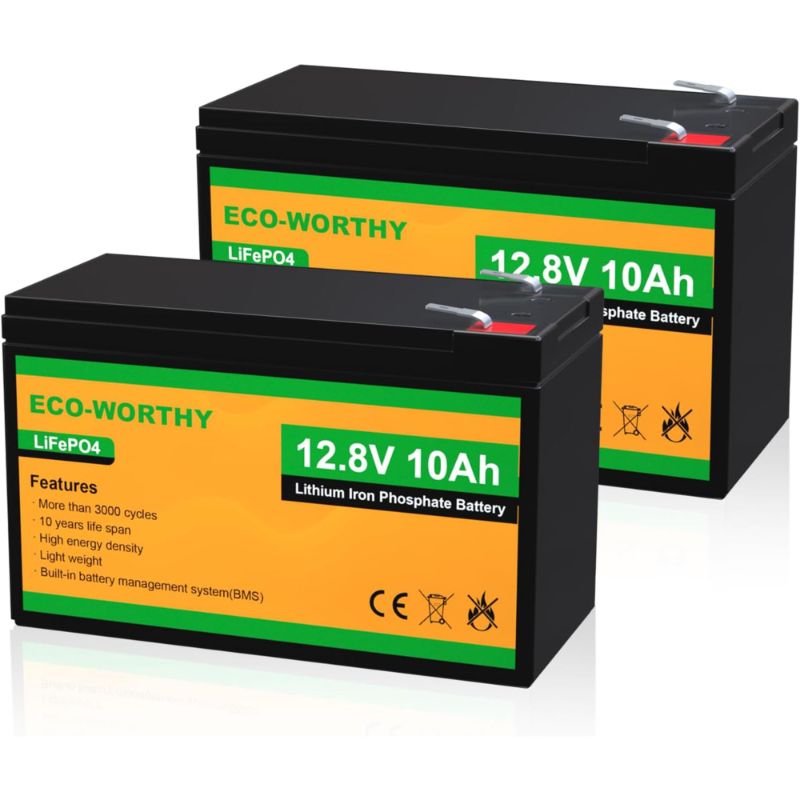 Photo 1 of ECO-WORTHY 2 Pack 12V 10Ah LiFePO4 Lithium , 3000+ Deep Cycle Rechargeable , Perfect for Kids Power Wheels, , Lighting, Fish Finder
