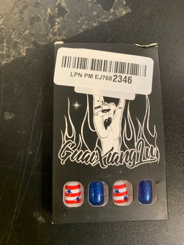 Photo 1 of Independence Day Acrylic Short Square Fake Nail Blue Stars Stick on Fingernails 24Pcs 4th of July Press on Nails Glossy Red Line False Nails Fourth of July Gel Glue on Nail for Coquette Women Girls
