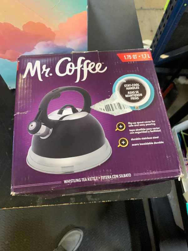 Photo 1 of Mr. Coffee Flintshire Stainless Steel Whistling Tea Kettle W/Nylon Handle, 1.75-Quart, Matte Black