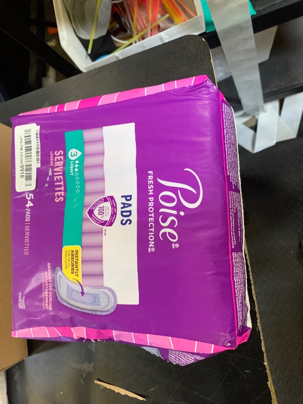 Photo 1 of Poise Incontinence & Postpartum Pads for Bladder Leaks, 3 Drop Light Absorbency, Regular Length, 54 Count, Packaging May Vary