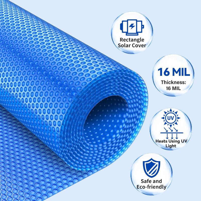 Photo 1 of BigXwell Solar Pool Cover, Blue 16-mil 16 x 32 Foot Rectangle for In-Ground Pools, 1600 Series Heavy-Duty Insulating Pool Heater Covers.