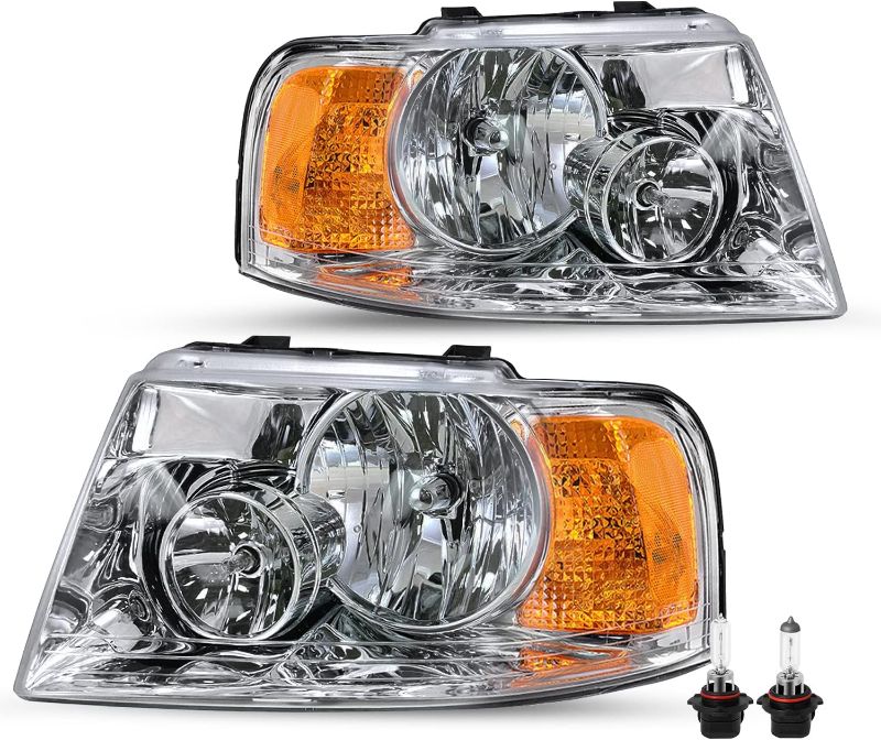 Photo 1 of Headlight Assembly with Bulbs Included Compatible with 2003-2006 Ford Expedition Passenger & Driver Side, Chrome Housing with Amber Reflector