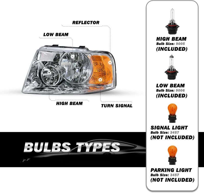 Photo 1 of Headlight Assembly with Bulbs Included Compatible with 2003-2006 Ford Expedition Passenger & Driver Side, Chrome Housing with Amber Reflector