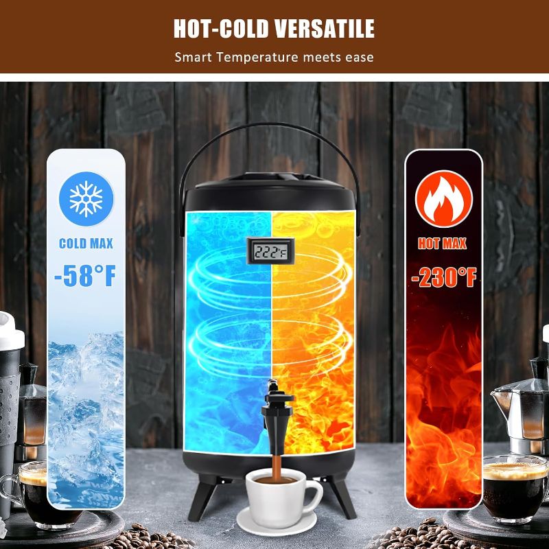 Photo 1 of Insulated Beverage Dispenser,12L/3.2Gal Coffee Dispenser,Tea Dispenser,Coffee Carafe,Thermos Urn,Hot and Cold Drink Dispenser Faucet with thermometer For Hot Tea&Coffee,Cold Milk,Water,Juice(silver)