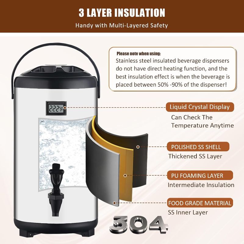 Photo 1 of Insulated Beverage Dispenser,12L/3.2Gal Coffee Dispenser,Tea Dispenser,Coffee Carafe,Thermos Urn,Hot and Cold Drink Dispenser Faucet with thermometer For Hot Tea&Coffee,Cold Milk,Water,Juice(silver)