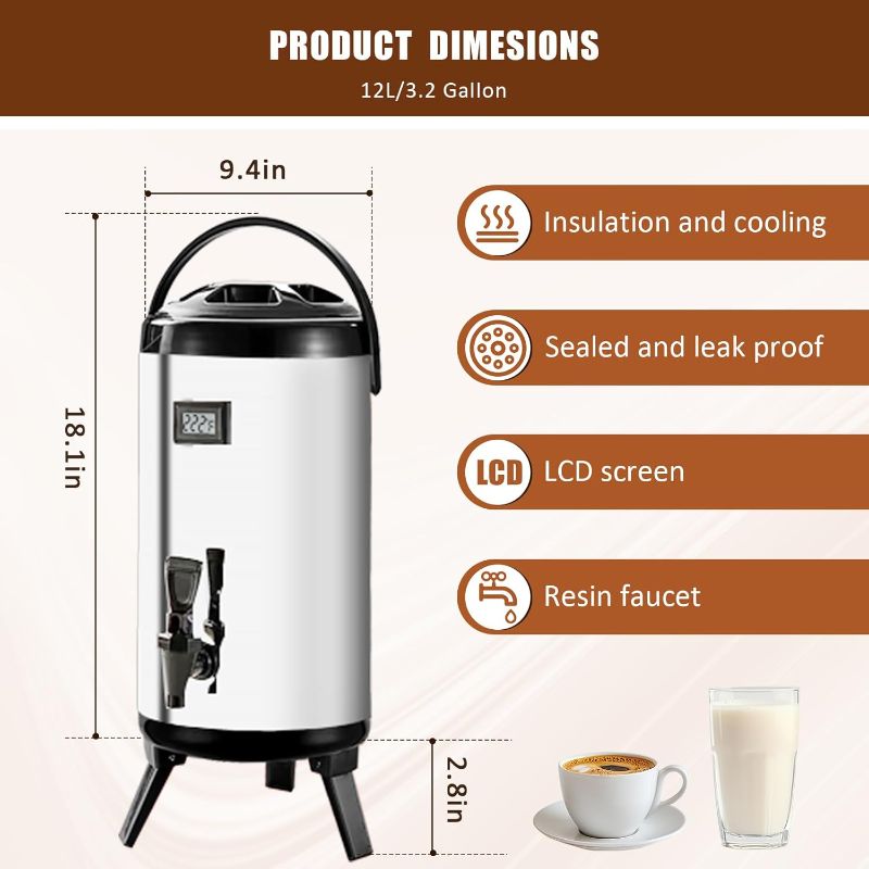 Photo 1 of Insulated Beverage Dispenser,12L/3.2Gal Coffee Dispenser,Tea Dispenser,Coffee Carafe,Thermos Urn,Hot and Cold Drink Dispenser Faucet with thermometer For Hot Tea&Coffee,Cold Milk,Water,Juice(silver)