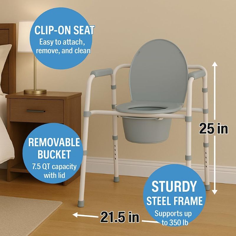 Photo 1 of 3-in-1 Bedside Commode Chair – Steel Folding Frame, 7.5 QT Bucket, 350 lb Weight Capacity, Clip-On Toilet Seat, Bathroom Safety Aid for Seniors, Tool-Free Assembly – Gray