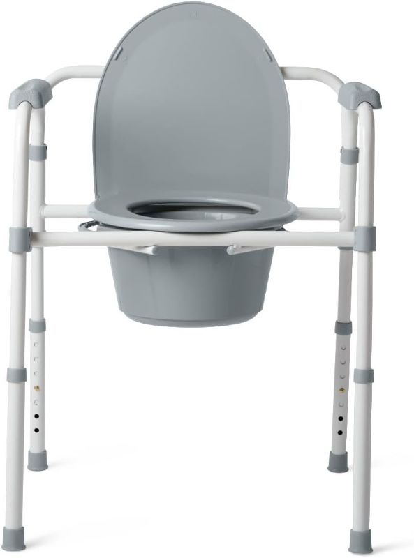 Photo 1 of 3-in-1 Bedside Commode Chair – Steel Folding Frame, 7.5 QT Bucket, 350 lb Weight Capacity, Clip-On Toilet Seat, Bathroom Safety Aid for Seniors, Tool-Free Assembly – Gray