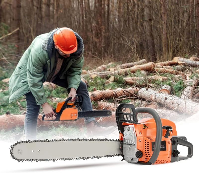 Photo 1 of Gas Chainsaw 20 Inch, 58CC 8500RPM Gas Powered Chainsaw, Multifunctional High Power Chain Saws, Handheld Cutting Wood Chain Saw Logging Machine Garden Supplies (20Inch)