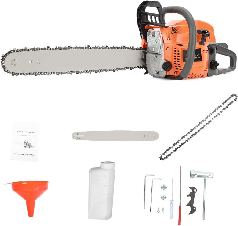 Photo 1 of Gas Chainsaw 20 Inch, 58CC 8500RPM Gas Powered Chainsaw, Multifunctional High Power Chain Saws, Handheld Cutting Wood Chain Saw Logging Machine Garden Supplies (20Inch)
