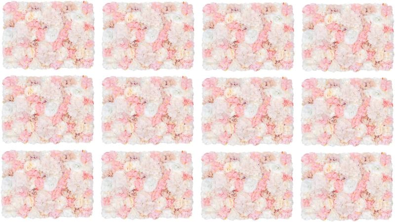 Photo 1 of 12 Pack Flower Wall Panels 16 x 24 inch 3D Rose Wall Mat Decorative Faux Floral Panel Hydrangea Silk Faux Flower Backdrop for Photo Background Home Wedding Party