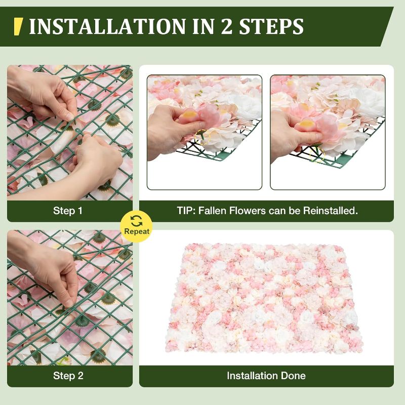 Photo 1 of 12 Pack Flower Wall Panels 16 x 24 inch 3D Rose Wall Mat Decorative Faux Floral Panel Hydrangea Silk Faux Flower Backdrop for Photo Background Home Wedding Party