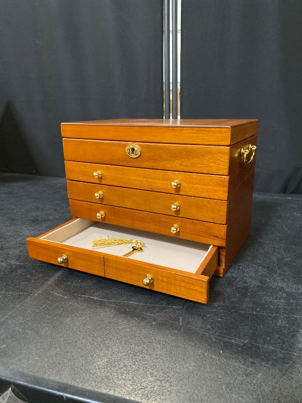 Photo 1 of Wooden Jewelry Box with Lock and Key for Women, 2 Drawers Medium Size Real Natural Wood Lockable Antique Organizer with Large Storage, Ring Compartments, Built in Necklace Hooks