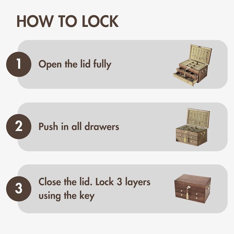 Photo 1 of Wooden Jewelry Box with Lock and Key for Women, 2 Drawers Medium Size Real Natural Wood Lockable Antique Organizer with Large Storage, Ring Compartments, Built in Necklace Hooks