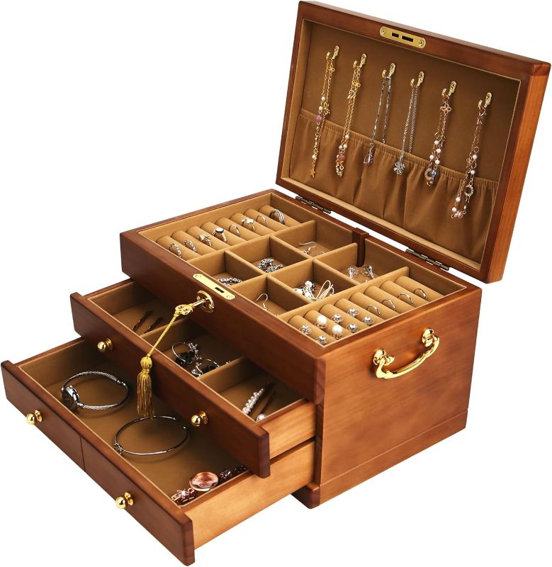 Photo 1 of Wooden Jewelry Box with Lock and Key for Women, 2 Drawers Medium Size Real Natural Wood Lockable Antique Organizer with Large Storage, Ring Compartments, Built in Necklace Hooks