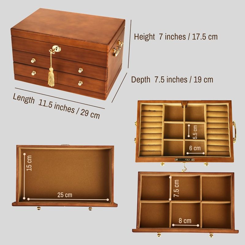 Photo 1 of Wooden Jewelry Box with Lock and Key for Women, 2 Drawers Medium Size Real Natural Wood Lockable Antique Organizer with Large Storage, Ring Compartments, Built in Necklace Hooks