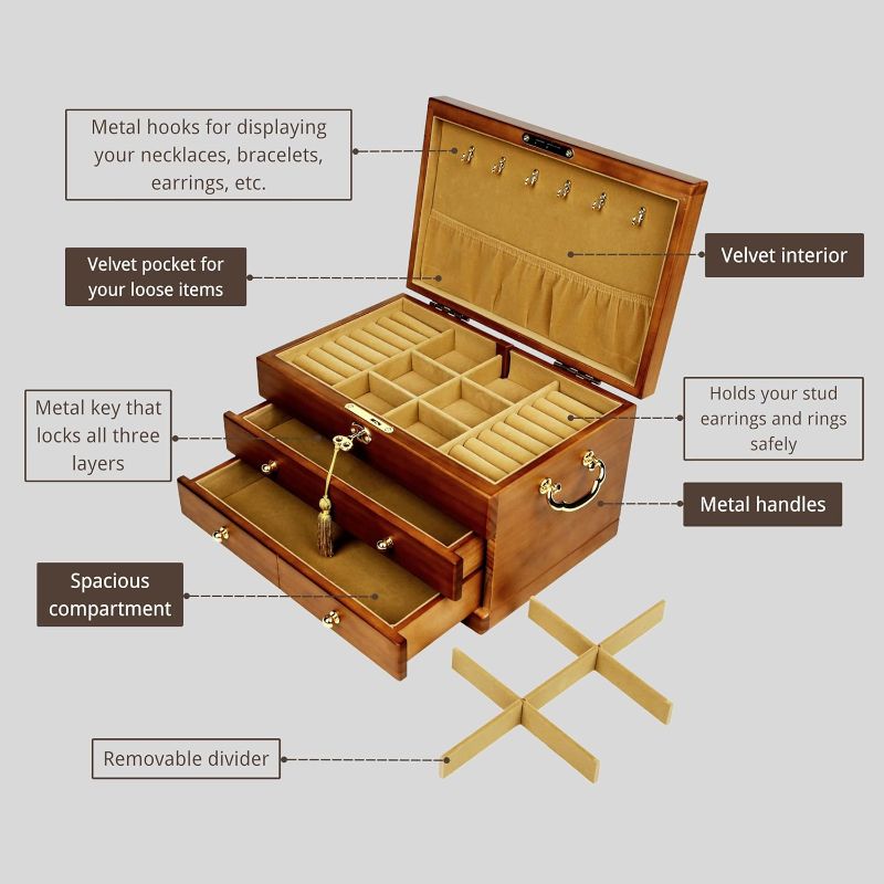 Photo 1 of Wooden Jewelry Box with Lock and Key for Women, 2 Drawers Medium Size Real Natural Wood Lockable Antique Organizer with Large Storage, Ring Compartments, Built in Necklace Hooks