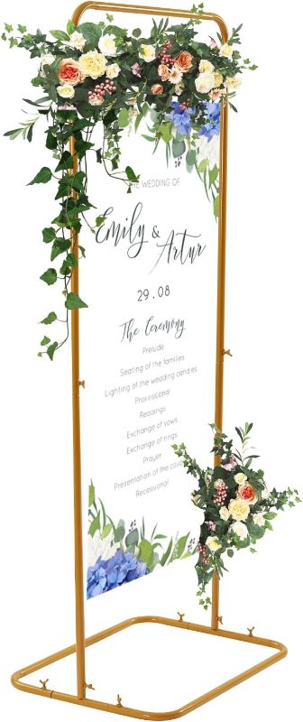 Photo 1 of 5FT Metalic Gold Wedding Sign Stand-Adjustable Backdrop Frame for Welcome Signs, Seating Charts & Guest Lists, Rust-Resistant Geometric Stand with Portable Base