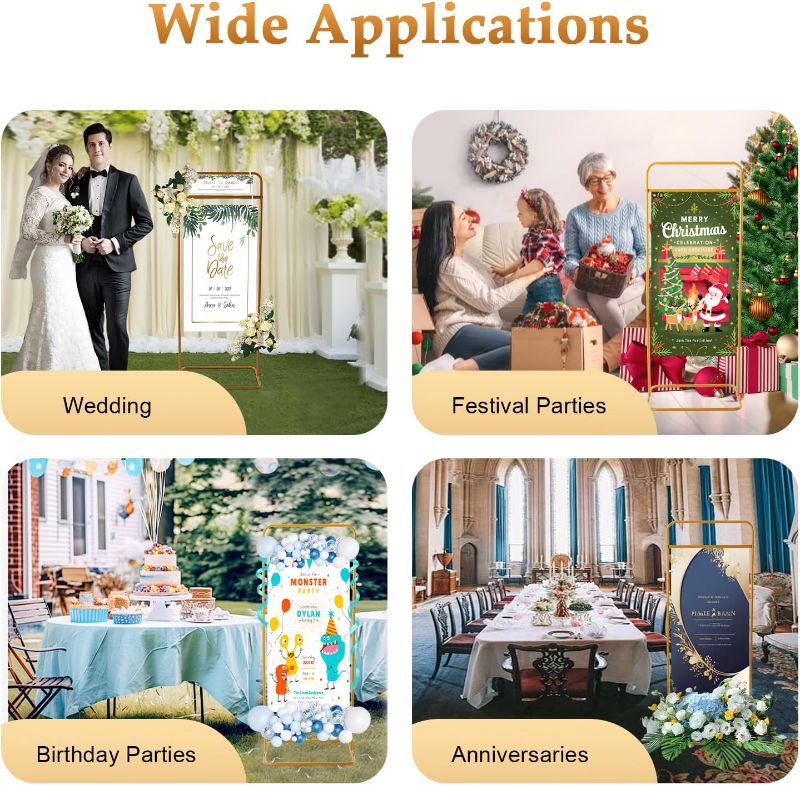 Photo 1 of 5FT Metalic Gold Wedding Sign Stand-Adjustable Backdrop Frame for Welcome Signs, Seating Charts & Guest Lists, Rust-Resistant Geometric Stand with Portable Base