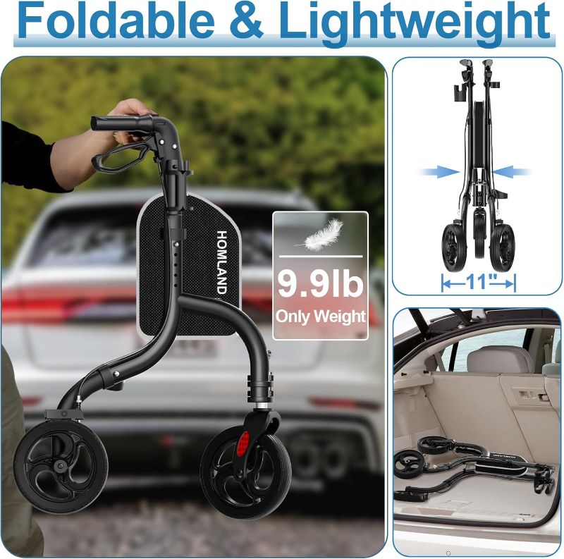 Photo 1 of 3 Wheel Walkers for Seniors, FSA/HSA Eligible Foldable Wheeled Rollator with Cane Hold and Cup Hold, Lightweight Three Wheel Rolling Walker Height Adjustable for Seniors
