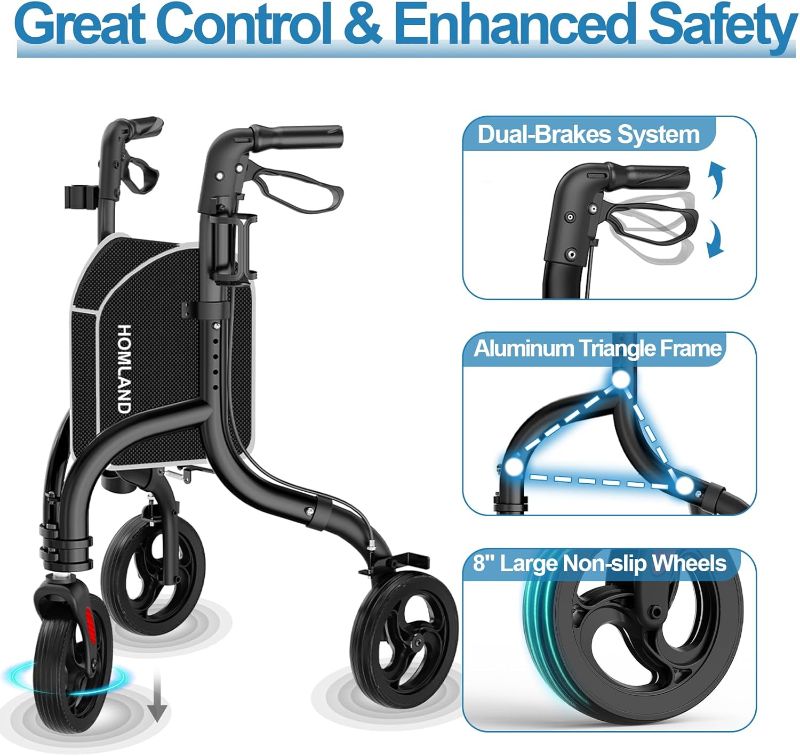 Photo 1 of 3 Wheel Walkers for Seniors, FSA/HSA Eligible Foldable Wheeled Rollator with Cane Hold and Cup Hold, Lightweight Three Wheel Rolling Walker Height Adjustable for Seniors
