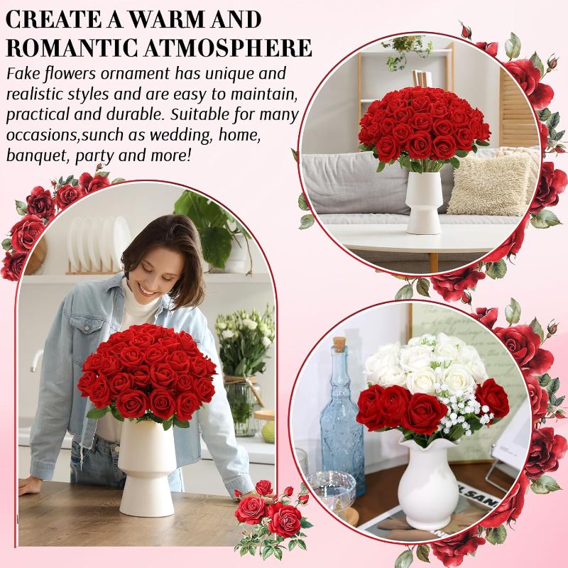 Photo 1 of 12 Pcs Red Roses Artificial Flowers, Fake Velvet Silk Roses in Bulk for Home Decor Indoor, Fake Roses Realistic Flowers with Stems for Wedding Centerpiece Party Decor