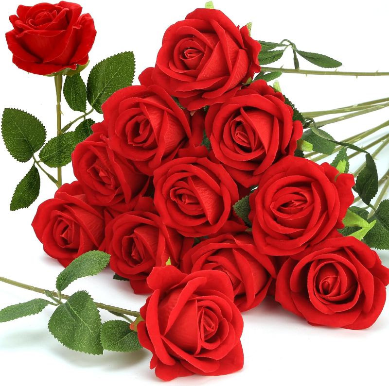 Photo 1 of 12 Pcs Red Roses Artificial Flowers, Fake Velvet Silk Roses in Bulk for Home Decor Indoor, Fake Roses Realistic Flowers with Stems for Wedding Centerpiece Party Decor