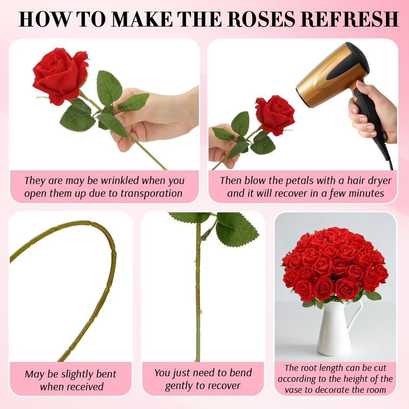 Photo 1 of 12 Pcs Red Roses Artificial Flowers, Fake Velvet Silk Roses in Bulk for Home Decor Indoor, Fake Roses Realistic Flowers with Stems for Wedding Centerpiece Party Decor