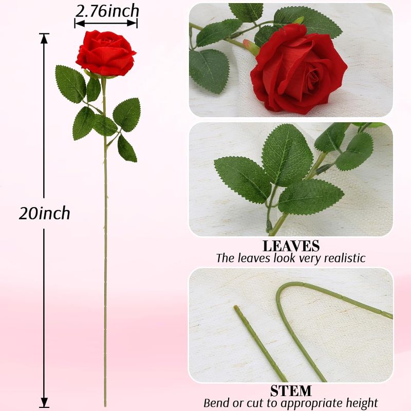 Photo 1 of 12 Pcs Red Roses Artificial Flowers, Fake Velvet Silk Roses in Bulk for Home Decor Indoor, Fake Roses Realistic Flowers with Stems for Wedding Centerpiece Party Decor