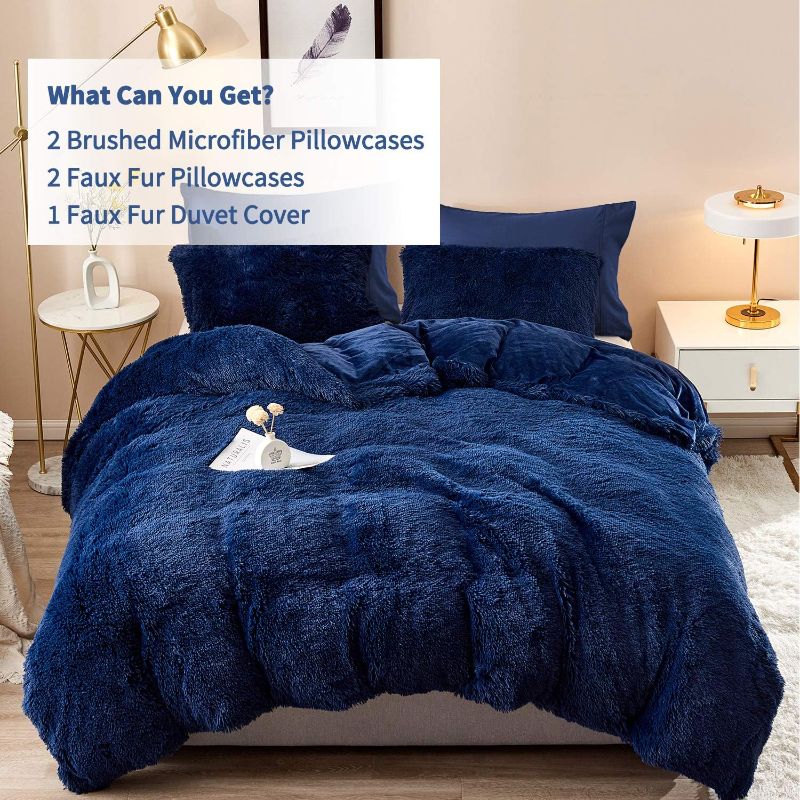 Photo 1 of HAOK Plush Shaggy Duvet Cover Set - 5 Pieces Faux Fur Fluffy Bed Sets (1 Shaggy Duvet Cover + 2 Shaggy Pillow Shams + 2 Pillowcases), Crystal Velvet Fuzzy Comforter Cover Bedding Sets(King, Navy)