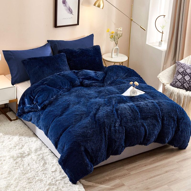 Photo 1 of HAOK Plush Shaggy Duvet Cover Set - 5 Pieces Faux Fur Fluffy Bed Sets (1 Shaggy Duvet Cover + 2 Shaggy Pillow Shams + 2 Pillowcases), Crystal Velvet Fuzzy Comforter Cover Bedding Sets(King, Navy)