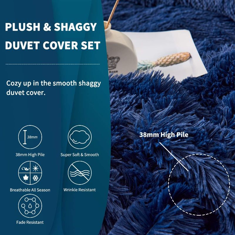 Photo 1 of HAOK Plush Shaggy Duvet Cover Set - 5 Pieces Faux Fur Fluffy Bed Sets (1 Shaggy Duvet Cover + 2 Shaggy Pillow Shams + 2 Pillowcases), Crystal Velvet Fuzzy Comforter Cover Bedding Sets(King, Navy)