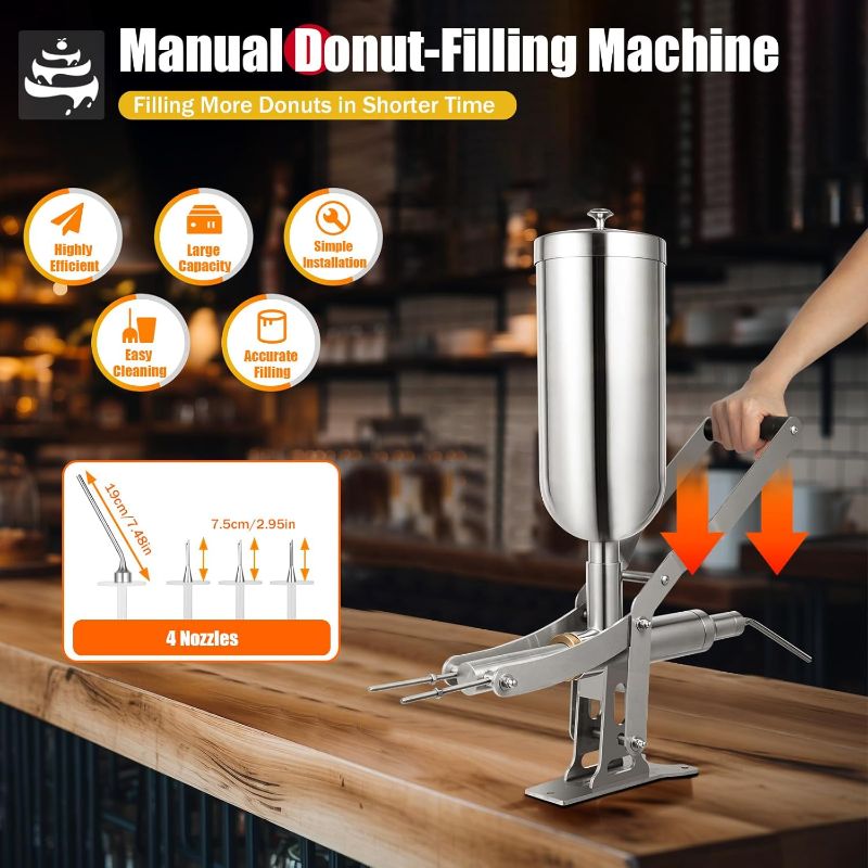 Photo 1 of 5L Manual Stainless Steel Donut Filling Machine, Donut Churros Jelly Filling Machine, Paste/Liquids Infusing Machine with 1 Long Nozzle & 3 Short Nozzles, for Kitchens Bakeries Restaurants Cafes