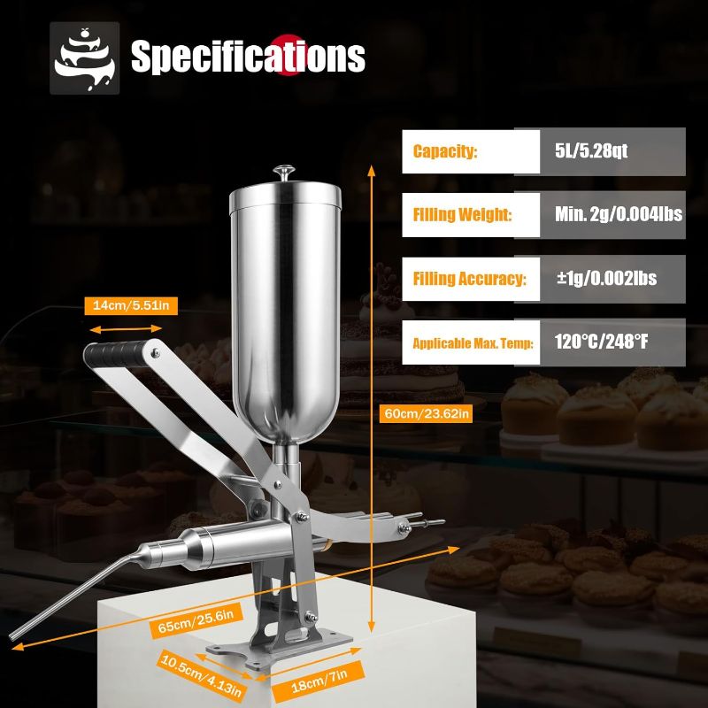 Photo 1 of 5L Manual Stainless Steel Donut Filling Machine, Donut Churros Jelly Filling Machine, Paste/Liquids Infusing Machine with 1 Long Nozzle & 3 Short Nozzles, for Kitchens Bakeries Restaurants Cafes