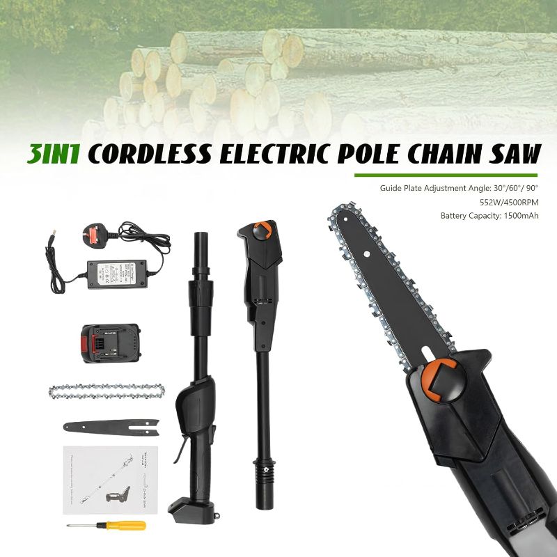 Photo 1 of Pole Saw with 1500mAh Battery and Standard Charger, Cordless Rechargeable Double Section Assemble Shaft Branch Cutter and Low Noise, Extendable High Branch Chainsaw, 552W 4500rpm 66ft/s (Black)