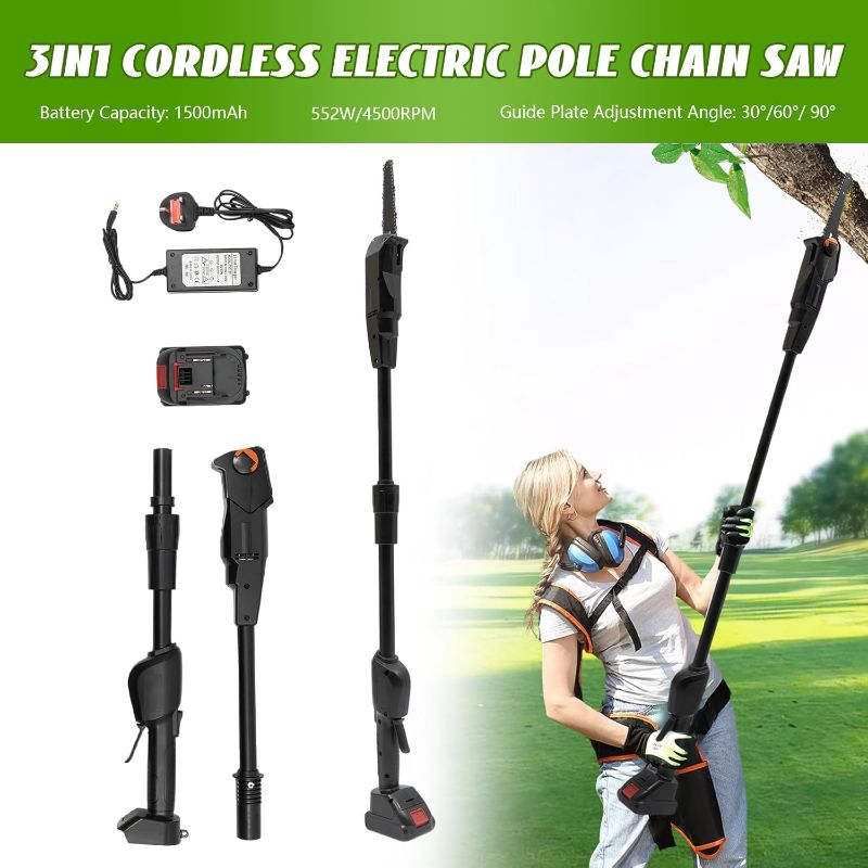 Photo 1 of Pole Saw with 1500mAh Battery and Standard Charger, Cordless Rechargeable Double Section Assemble Shaft Branch Cutter and Low Noise, Extendable High Branch Chainsaw, 552W 4500rpm 66ft/s (Black)
