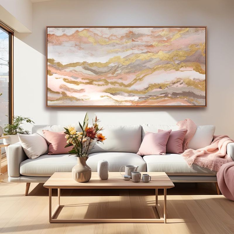 Photo 1 of Abstract Pink Canvas Wall Art Framed Gold Abstract Line Artwork for Living Room Decor Canvas Art Bedroom Pictures Office Decoration for Wall 30x60in