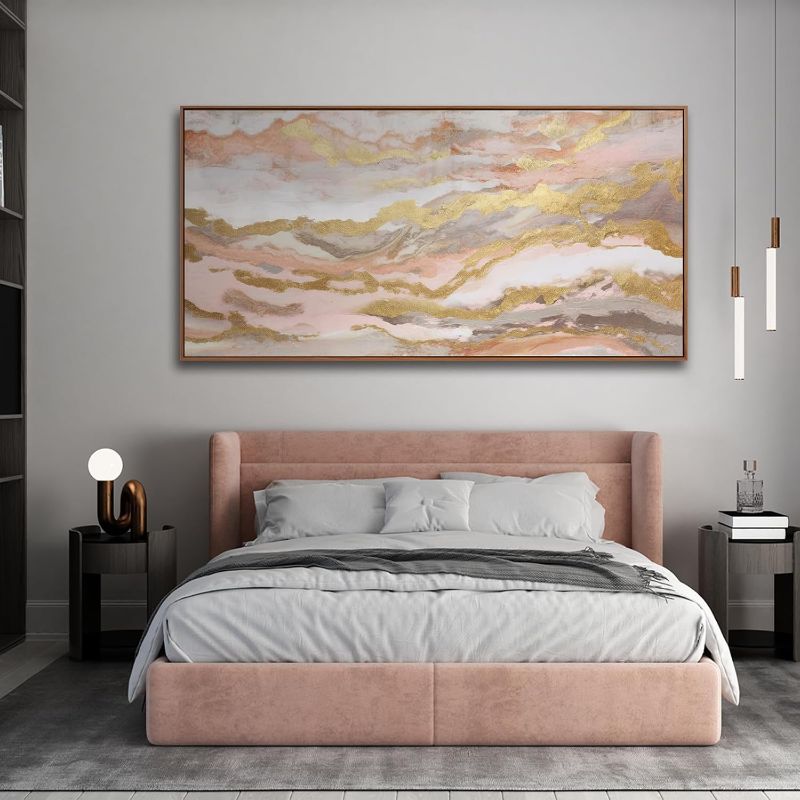 Photo 1 of Abstract Pink Canvas Wall Art Framed Gold Abstract Line Artwork for Living Room Decor Canvas Art Bedroom Pictures Office Decoration for Wall 30x60in