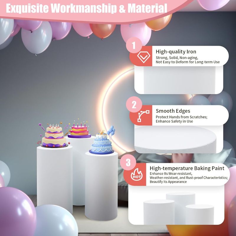Photo 1 of 3Pcs White Metal Cylinder Pedestal Stands – Heavy Duty Cake & Dessert Display Stands for Weddings, Parties & Events, Elegant Cylindrical Decoration